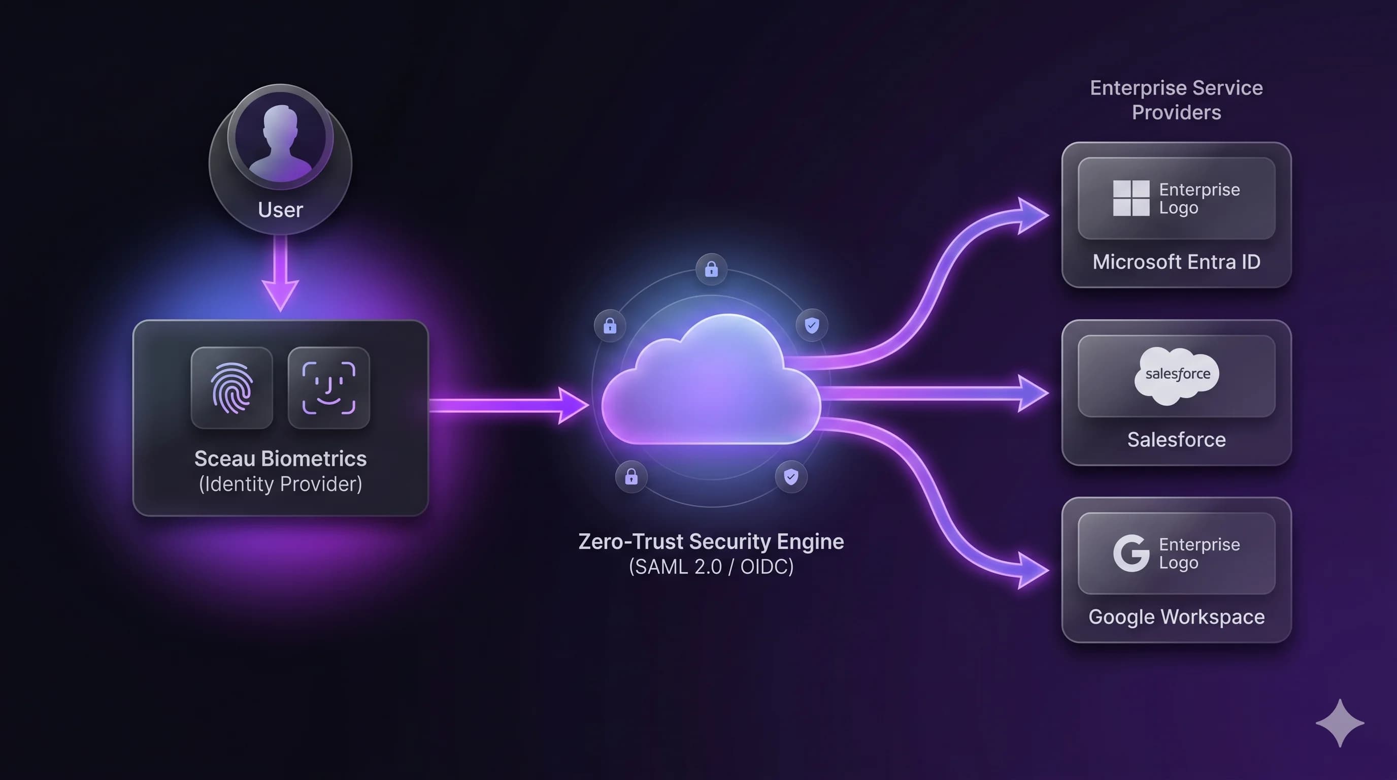 Sceau Biometrics — Schéma d'architecture fédération d'identité SAML/OIDC
